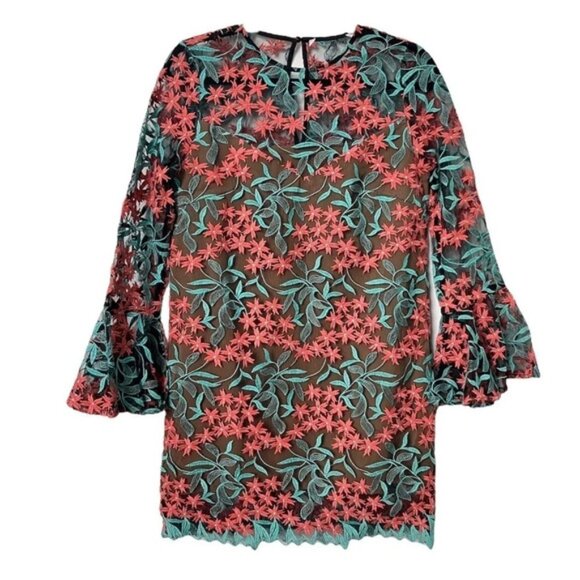 Elliatt Dresses & Skirts - Elliatt Sheer Mesh Overlay Floral Mod Embroidery Mini Dress